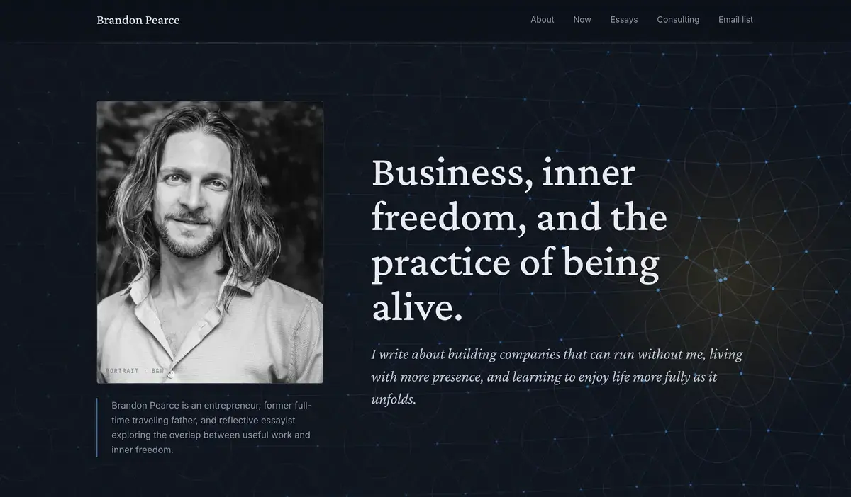 Screenshot of the new brandonpearce.com homepage